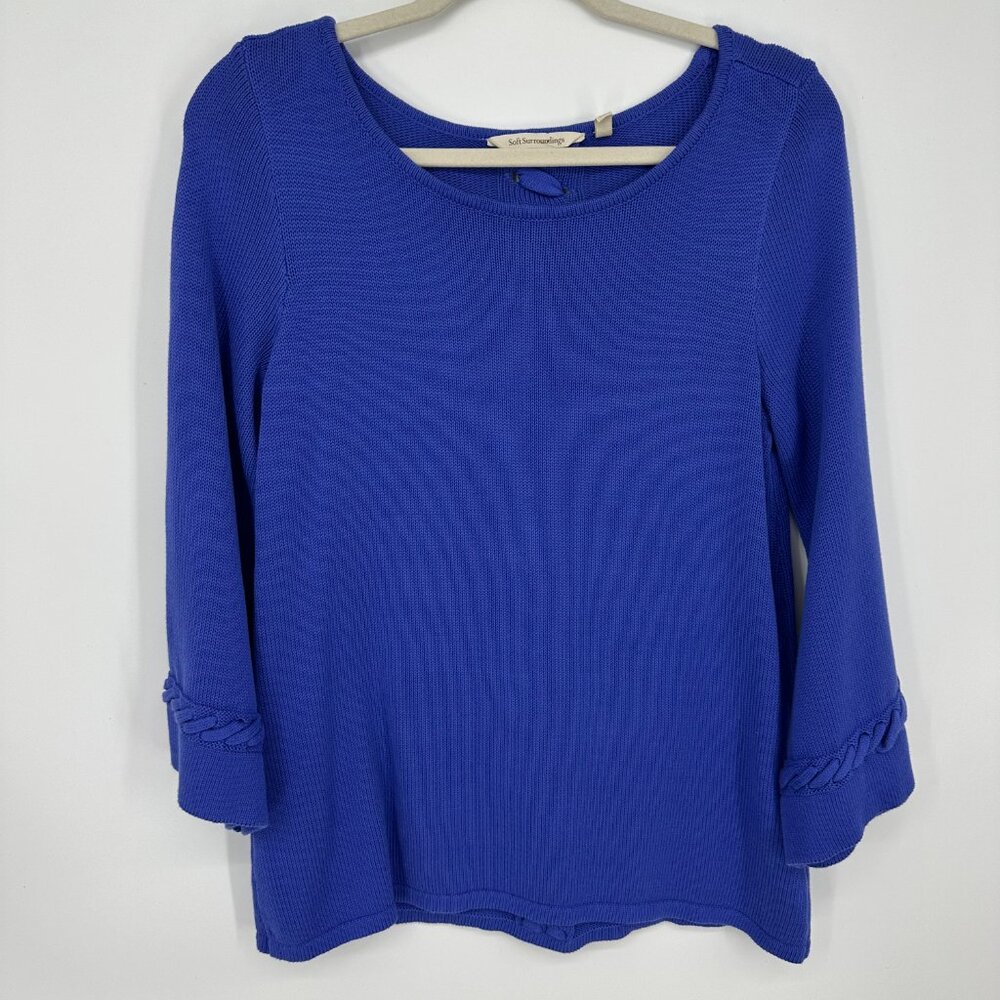 Soft Surroundings Lace Up Cable Knit Sweater XS Pullover‎ Cotton Blue